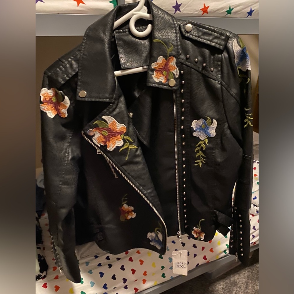 Embroidered Leather Jacket, Size 2XL